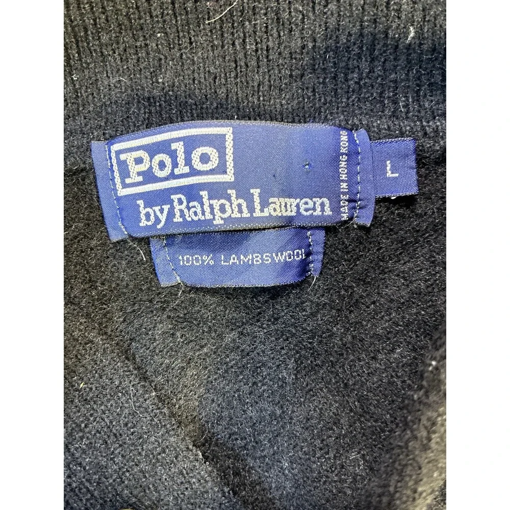 Vintage Polo Ralph Lauren Lambswool Sweater Large Black Quarter Button Pink Pony